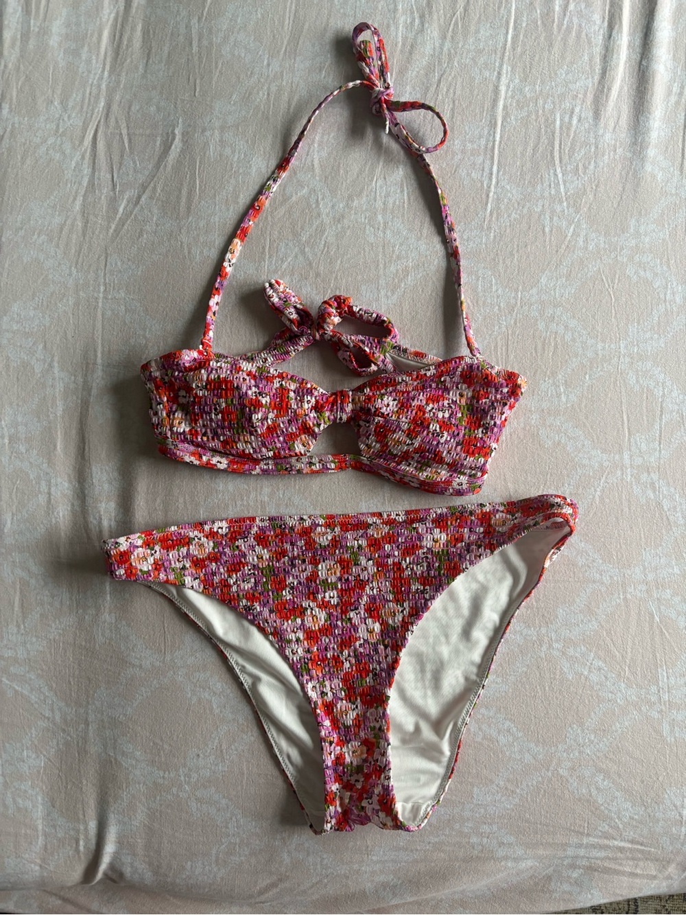 Women's Floral Smocked Bandeau Bikini Set - Pink Multi